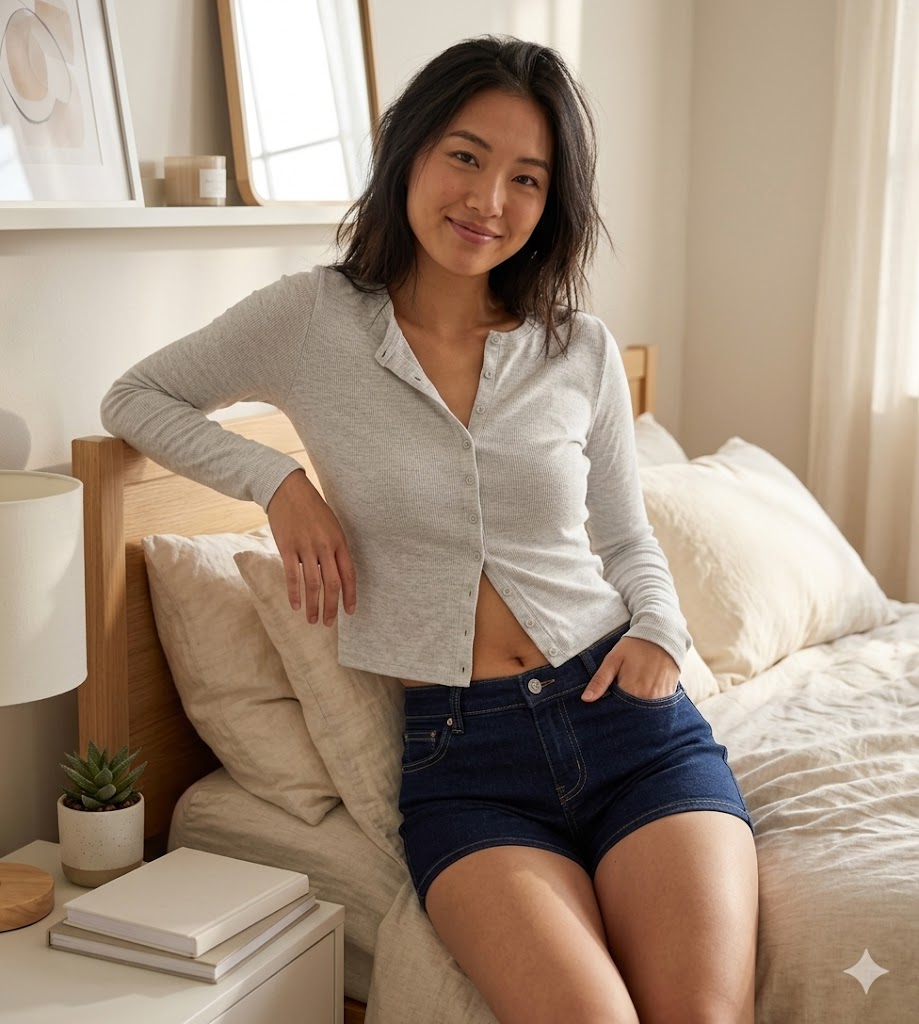 Close-up of button detail on slim cardigan